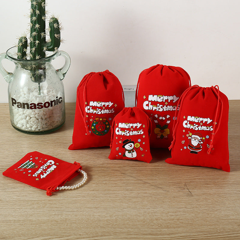 2-Pack Luxury Red Velvet Christmas Elk Gift Bag(13x18CM) - Festive Drawstring Storage Bag for Candy, Gifts & Apple Packaging