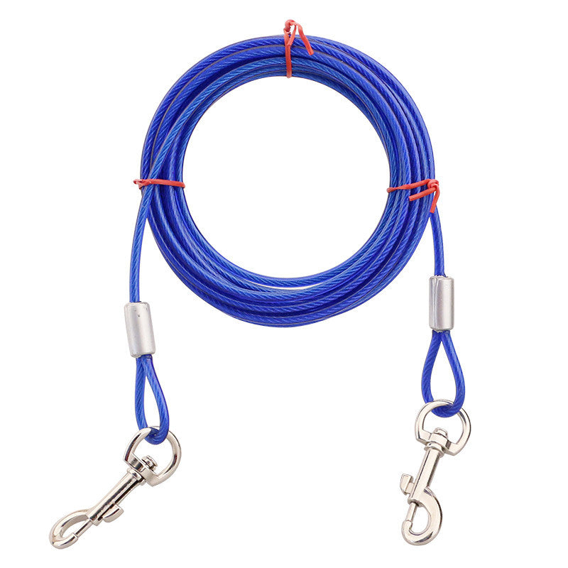 Blue Heavy-Duty Steel Wire Dual-Head Dog Tie-Out Cable Leash(6mm x 5m - 16ft) - with Dual Swivel Hooks for Tethers and Double Dog Walking