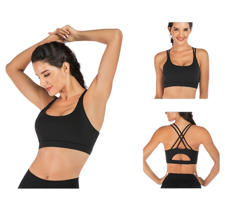 M Size Black Elegant Sexy Criss-Cross Back Sports Bra for Women - High Support &amp; Anti-Shock, Wire-Free Yoga Crop Top with X-Shape Fine Strap