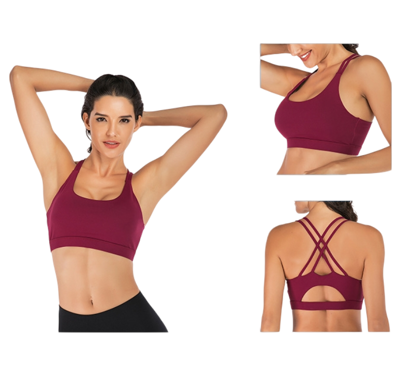 XL Size Wine Red Elegant Sexy Criss-Cross Back Sports Bra for Women - High Support & Anti-Shock, Wire-Free Yoga Crop Top with X-Shape Fine Strap