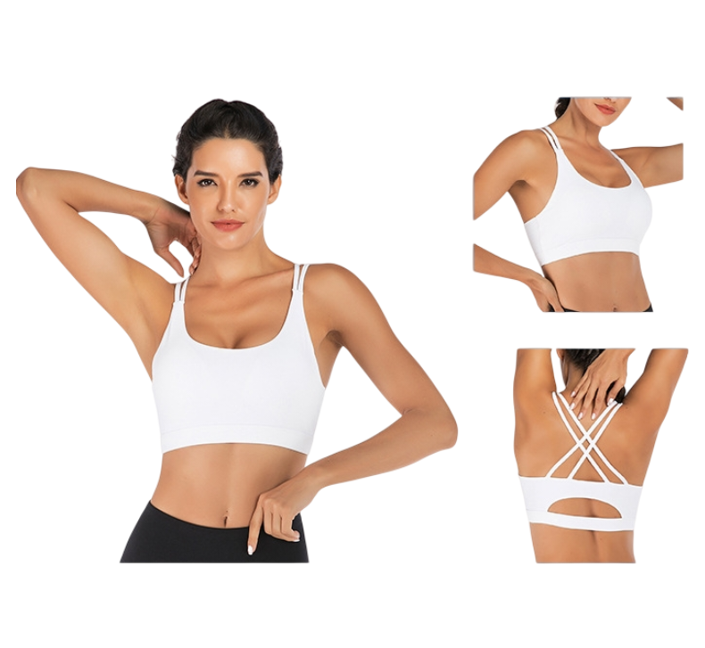 XXL Size White Elegant Sexy Criss-Cross Back Sports Bra for Women - High Support &amp; Anti-Shock, Wire-Free Yoga Crop Top with X-Shape Fine Strap