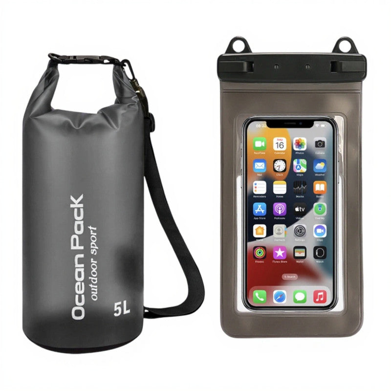 Black 5L PVC Waterproof Swimming Bag Bonus with Waterproof Phone Pouch - Roll-Top Floating Dry Gear Bags for Beach, Kayaking &amp; Outdoor Sports