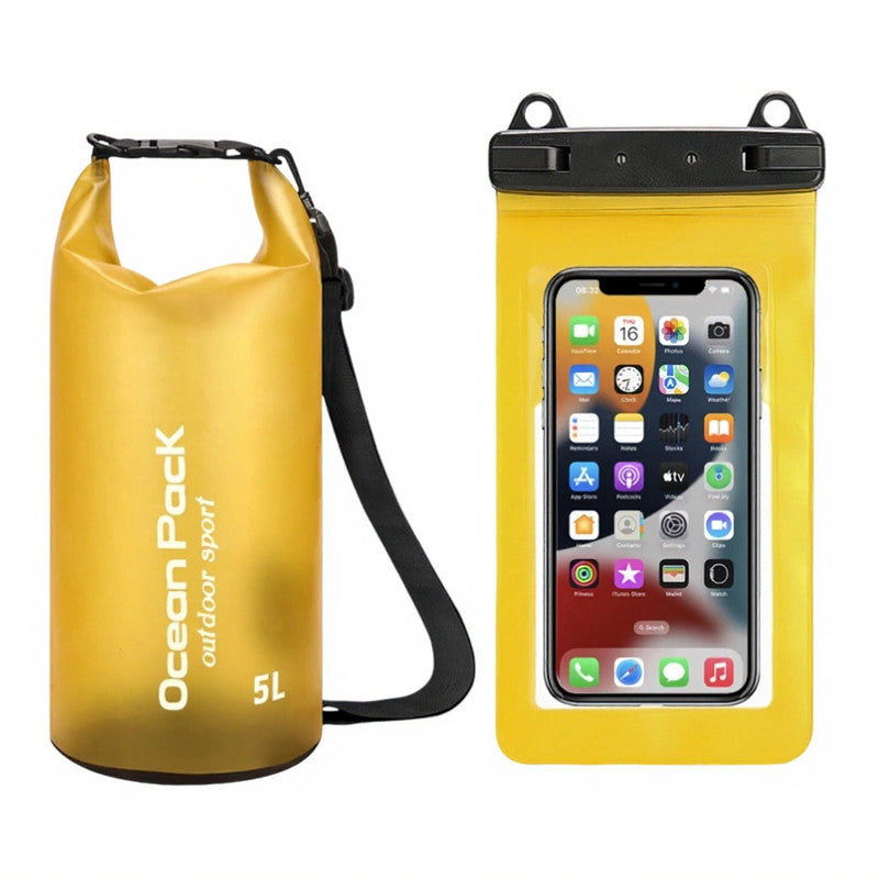 Yellow 5L PVC Waterproof Swimming Bag Bonus with Waterproof Phone Pouch - Roll-Top Floating Dry Gear Bags for Beach, Kayaking &amp; Outdoor Sports