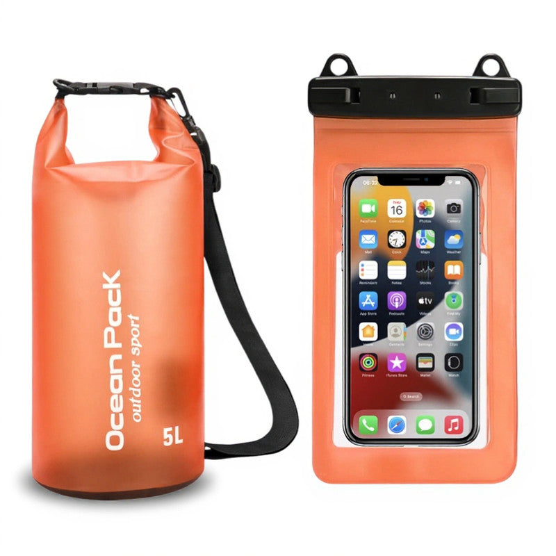 Orange 5L PVC Waterproof Swimming Bag Bonus with Waterproof Phone Pouch - Roll-Top Floating Dry Gear Bags for Beach, Kayaking &amp; Outdoor Sports