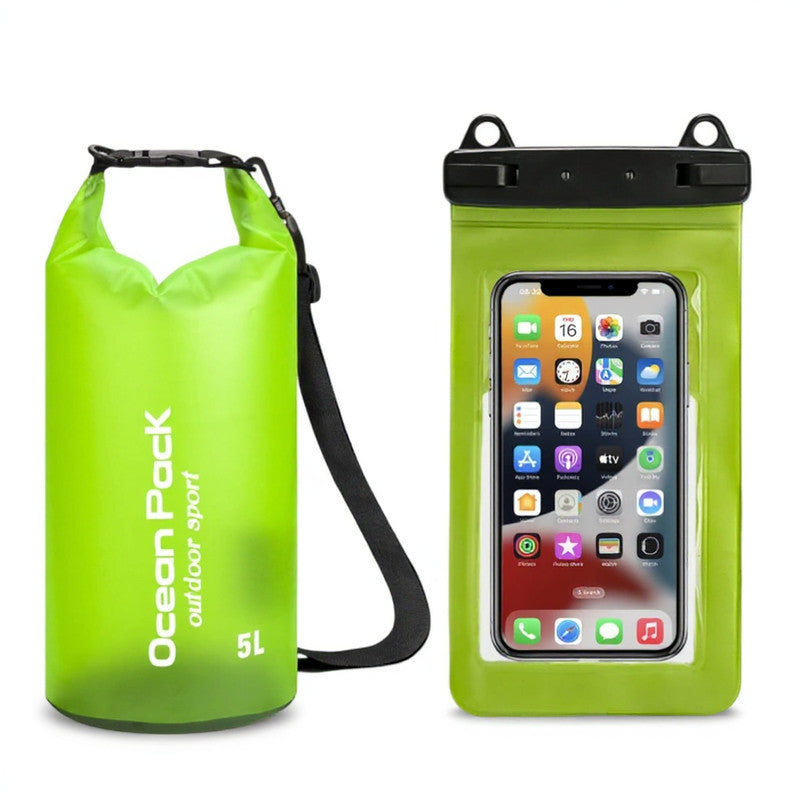 Light Green 5L PVC Waterproof Swimming Bag Bonus with Waterproof Phone Pouch - Roll-Top Floating Dry Gear Bags for Beach, Kayaking &amp; Outdoor Sports