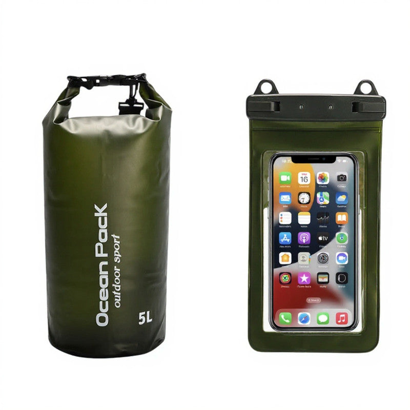 Dark Green 5L PVC Waterproof Swimming Bag Bonus with Waterproof Phone Pouch - Roll-Top Floating Dry Gear Bags for Beach, Kayaking &amp; Outdoor Sports