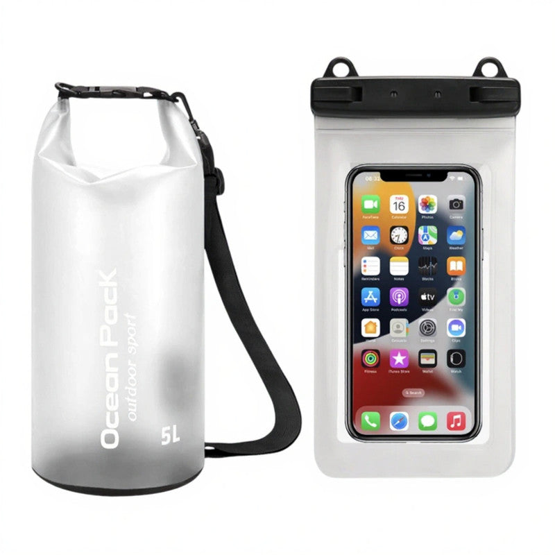 White 5L PVC Waterproof Swimming Bag Bonus with Waterproof Phone Pouch - Roll-Top Floating Dry Gear Bags for Beach, Kayaking &amp; Outdoor Sports