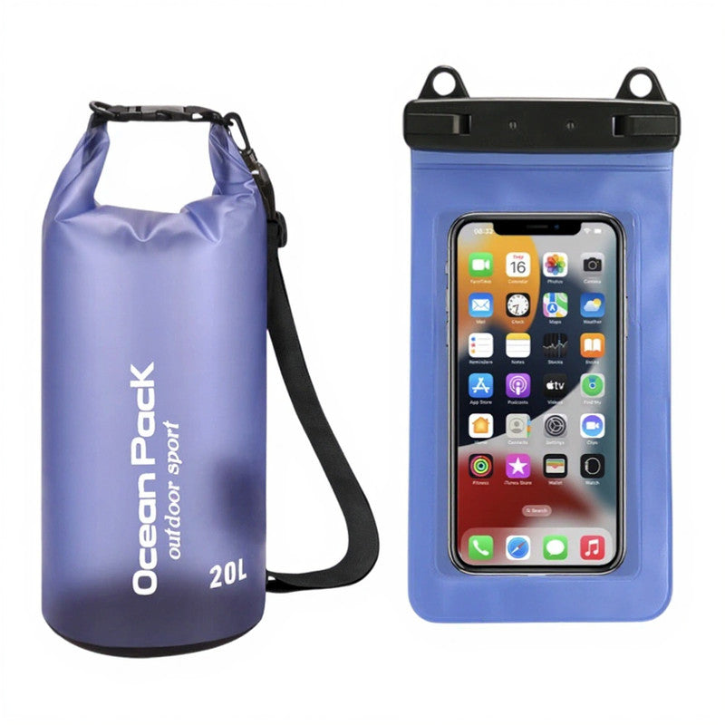 Blue Purple 20L PVC Waterproof Swimming Bag Bonus with Waterproof Phone Pouch - Roll-Top Floating Dry Gear Bags for Beach, Kayaking &amp; Outdoor Sports