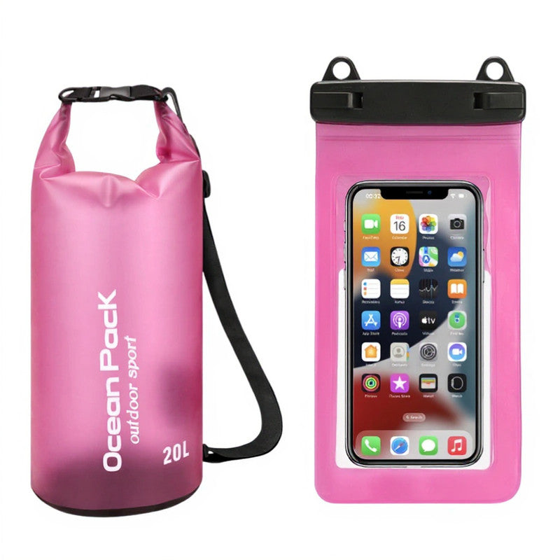 Pink 20L PVC Waterproof Swimming Bag Bonus with Waterproof Phone Pouch - Roll-Top Floating Dry Gear Bags for Beach, Kayaking &amp; Outdoor Sports