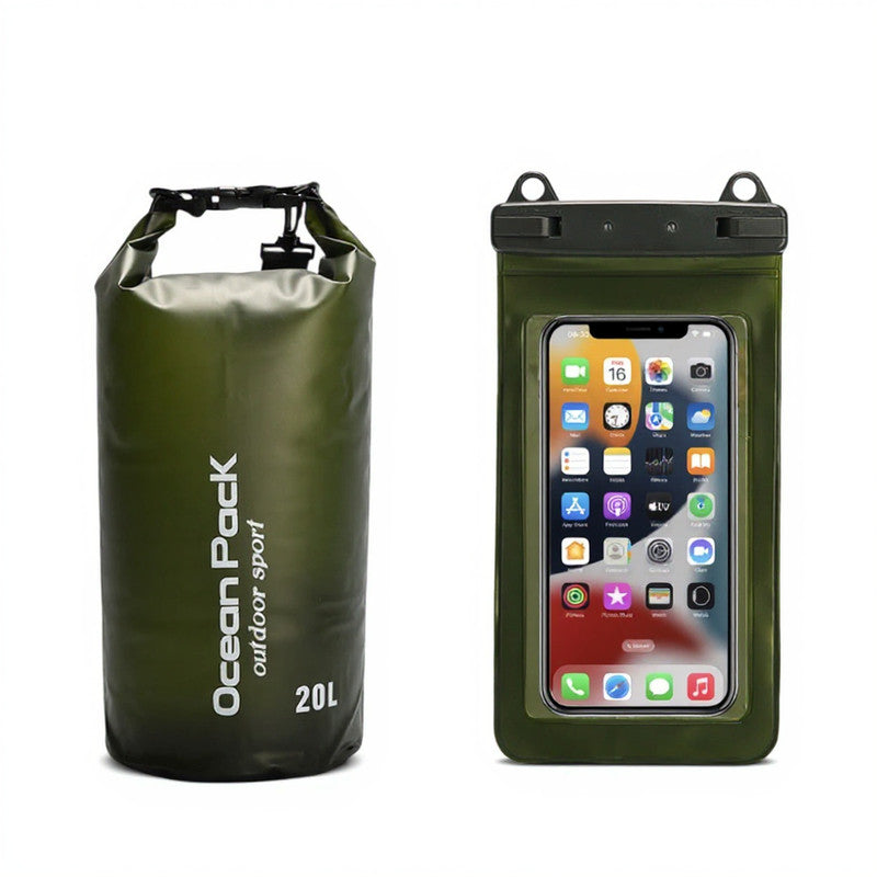 Dark Green 20L PVC Waterproof Swimming Bag Bonus with Waterproof Phone Pouch - Roll-Top Floating Dry Gear Bags for Beach, Kayaking &amp; Outdoor Sports