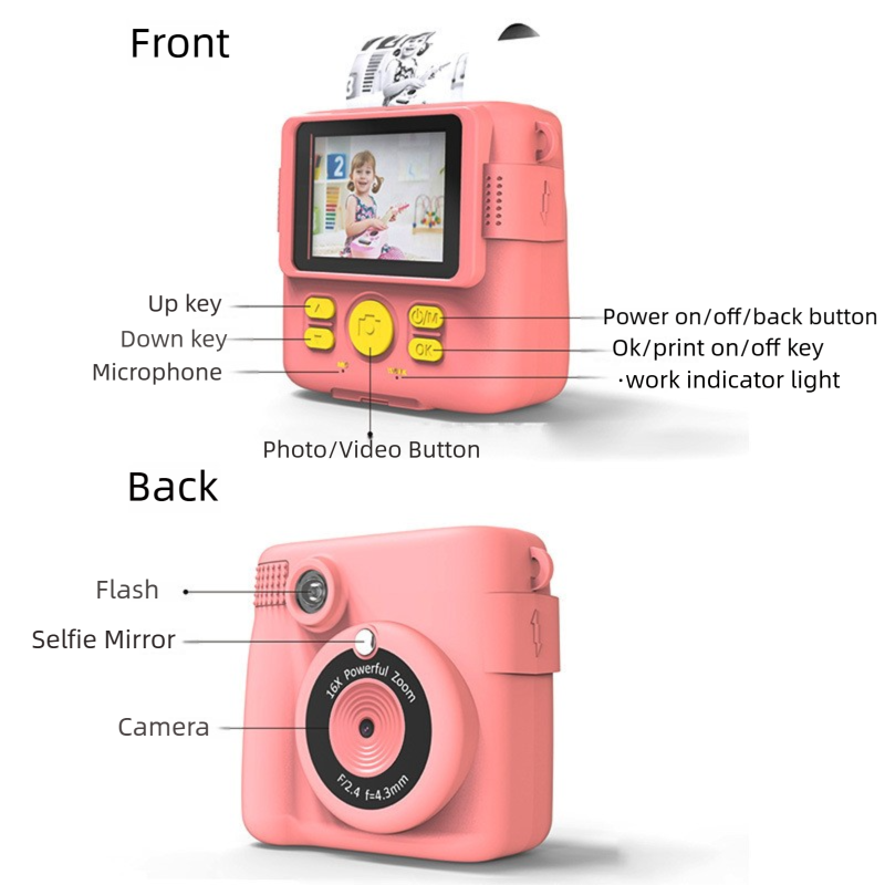 Pink ABS-681 Portable Kids Mini Digital Polaroid with 32GB Card,  3 Rolls Printing Paper & 6 Color Pens - Instant Print Thermal Photo Printer for DIY Fun