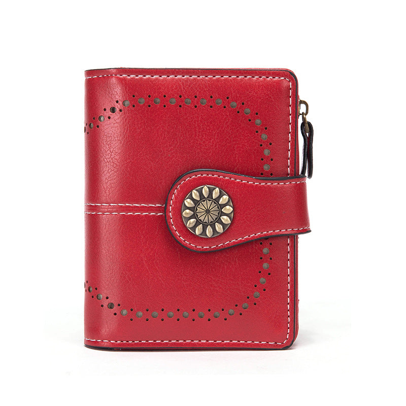 Red Korean Style Cutout Compact PU Leather Wallet - Women's Mini Bifold Purses with 8 Card Slots, 2 ID Window &amp; Coin Zip Pocket