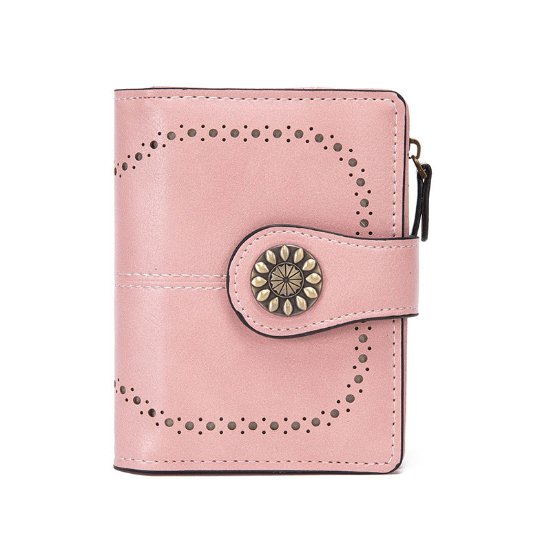 Pink Korean Style Cutout Compact PU Leather Wallet - Women's Mini Bifold Purses with 8 Card Slots, 2 ID Window &amp; Coin Zip Pocket
