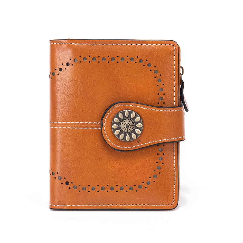 Dark Brown Korean Style Cutout Compact PU Leather Wallet - Women's Mini Bifold Purses with 8 Card Slots, 2 ID Window &amp; Coin Zip Pocket