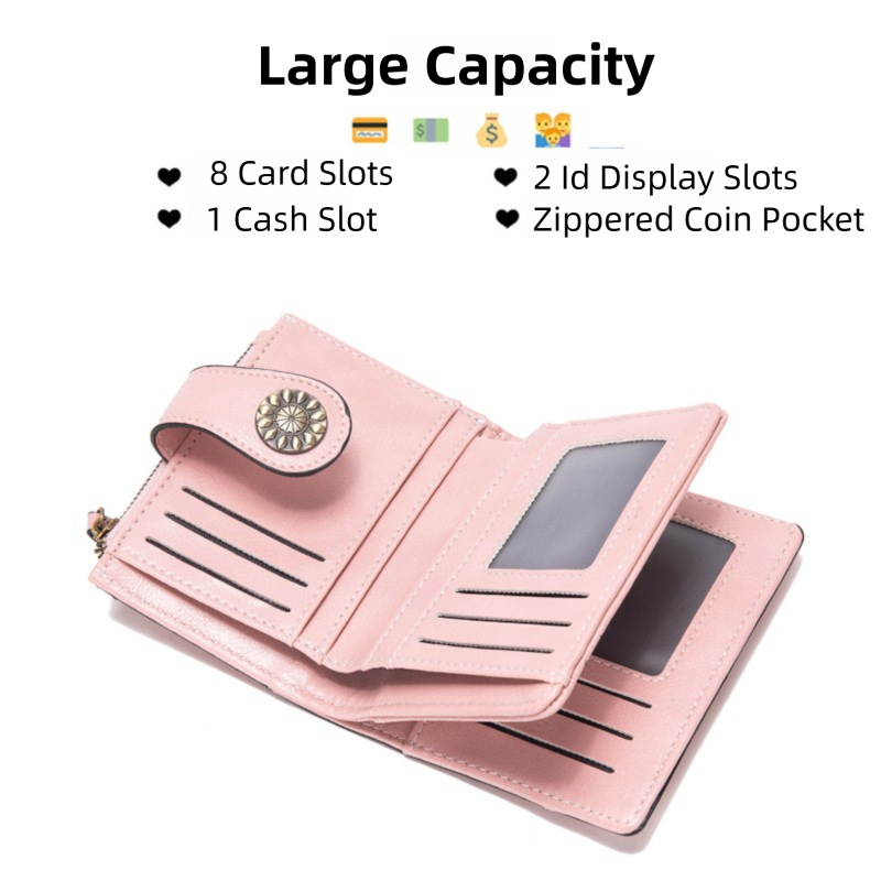 Dark Brown Korean Style Cutout Compact PU Leather Wallet - Women's Mini Bifold Purses with 8 Card Slots, 2 ID Window & Coin Zip Pocket