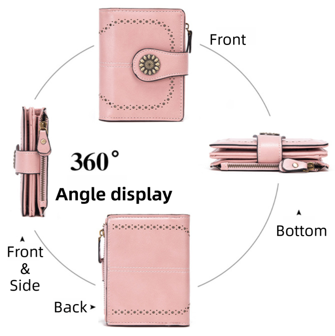 Black Korean Style Cutout Compact PU Leather Wallet - Women's Mini Bifold Purses with 8 Card Slots, 2 ID Window & Coin Zip Pocket