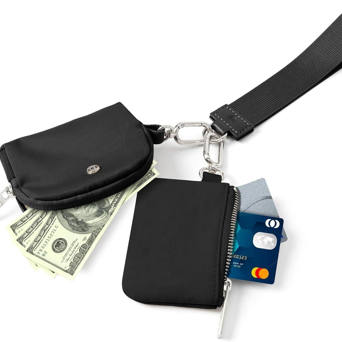 Black Women's Ultralight Fashion Nylon Wristlet Pouch Set - Portable Mini Coin Purse & Key Holder Wallet