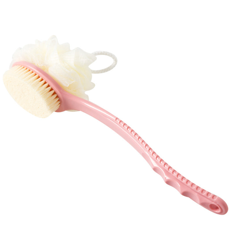 2-Pack Pink 2-in-1 Soft Bristle Long Handle Bath Brush &amp; Shower Pouf Combo - Double-Sided Back Scrubber for Adults &amp; Kids