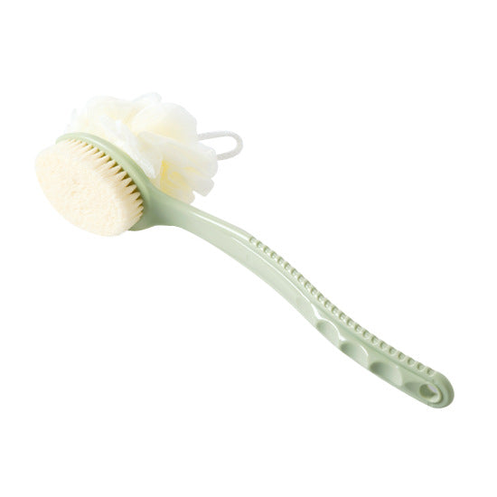 2-Pack Green 2-in-1 Soft Bristle Long Handle Bath Brush &amp; Shower Pouf Combo - Double-Sided Back Scrubber for Adults &amp; Kids