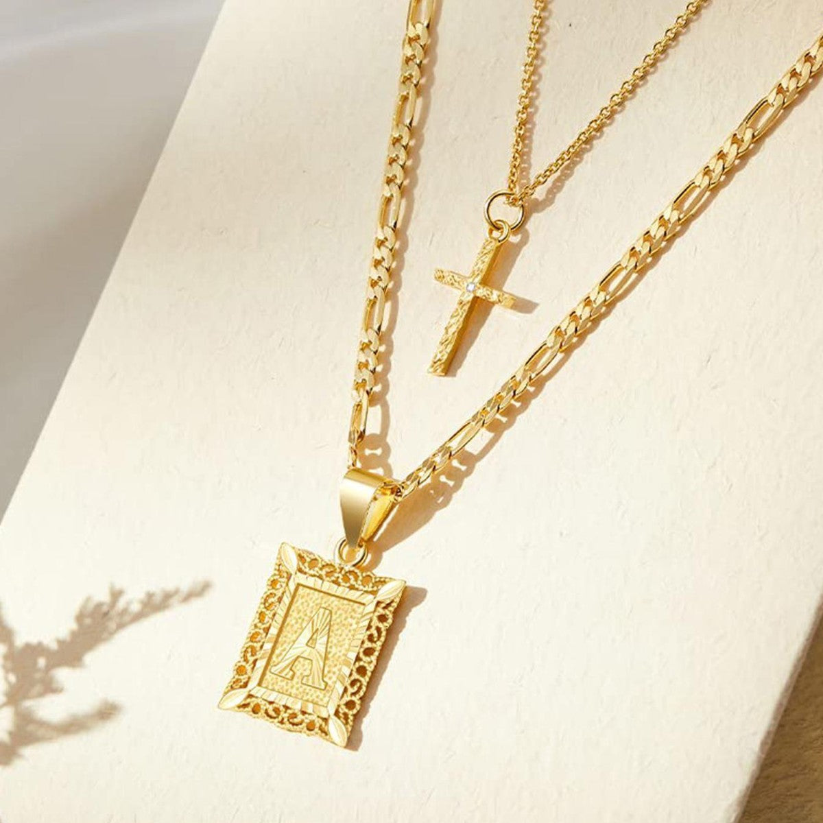 Personalised Copper Adjustable Layered Necklace Set(4PCS) - Custom A-Z Initial Letter Square + Cross Pendant &amp; Double Cross Pendant Stacking Combo