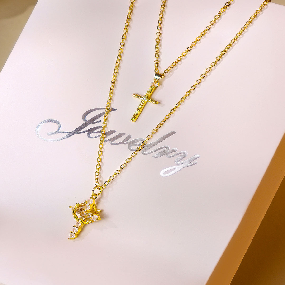 Personalised Copper Adjustable Layered Necklace Set(4PCS) - Custom A-Z Initial Letter Square + Cross Pendant & Double Cross Pendant Stacking Combo