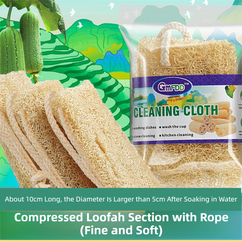 4-Pack Premium Soft Square Natural Loofah Segment Scrubber With Hanging Rope - Zero Waste Kitchen &amp; Bath Loofah (Expands to >5cm Diameter &amp; L 10CM)