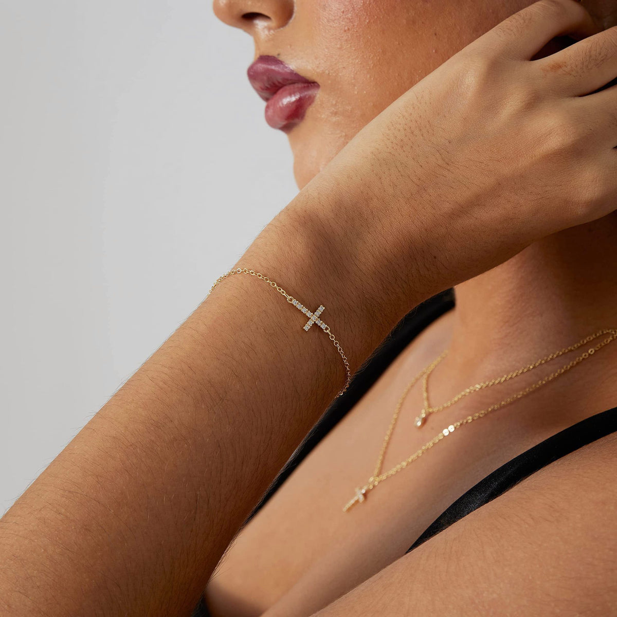 2-Pack Gold Plated Micro-Paved CZ Mini Cross Bracelet - Dainty Adjustable O-Chain Wrist Jewelry(16-21CM)