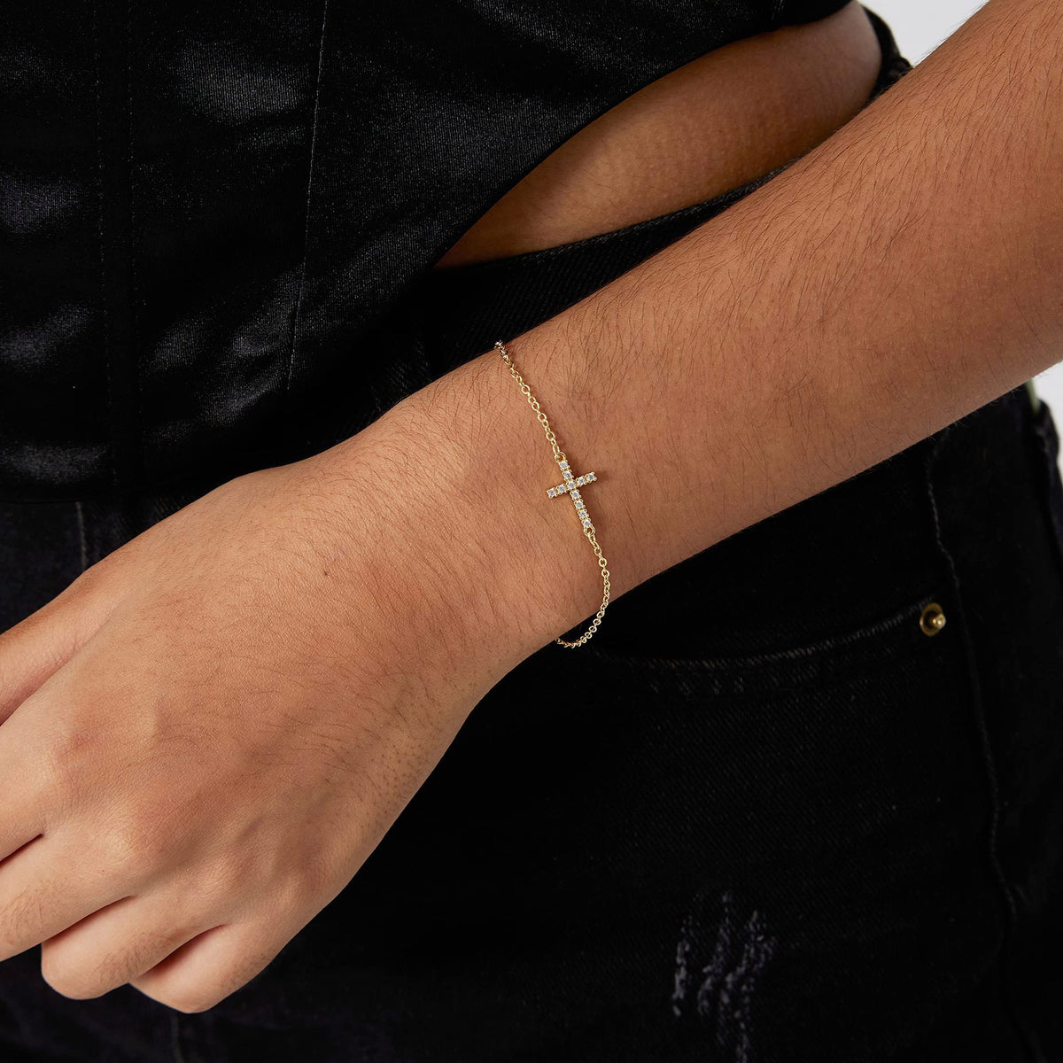 2-Pack Gold &amp; Sliver Plated Micro-Paved CZ Mini Cross Bracelet - Dainty Adjustable O-Chain Wrist Jewelry(16-21CM)