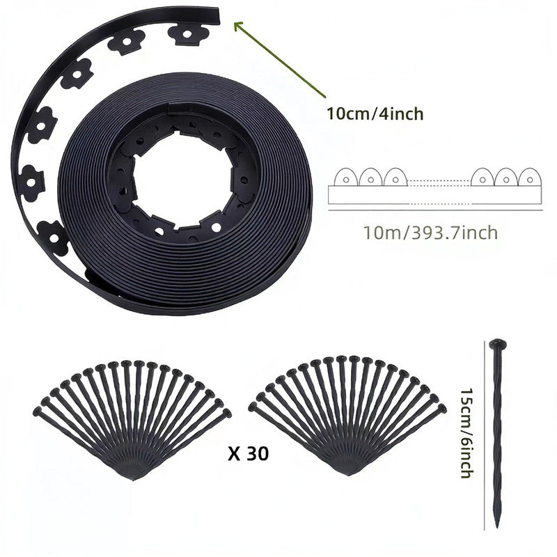 Black L-Shape PE Landscape Edging Roll Kit (10CM Height x 10M Long) - Anti-Root Lawn &amp; Garden Divider with 30 Ground Stakes