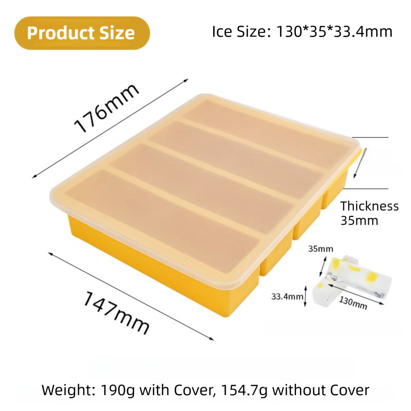 2-Packs Green Flexible 4-Grid Silicone Long Ice Cube Tray with Lid - Easy Release Reusable Mold for Narrow Bottles & Cocktails