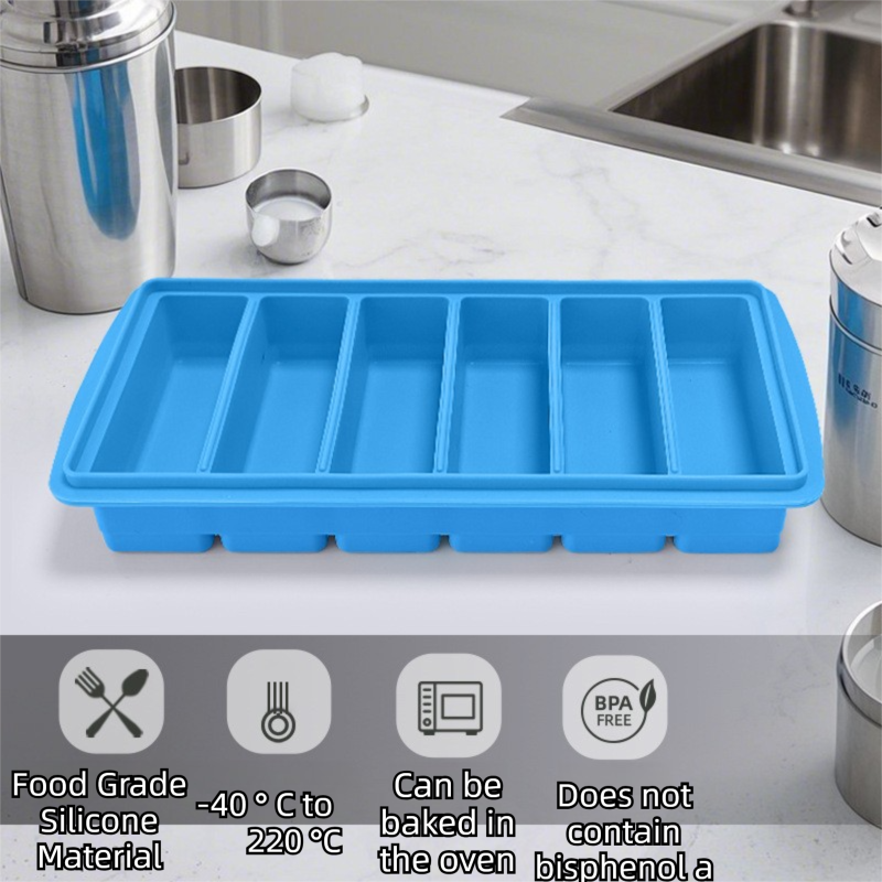 2-Packs Blue 6-Grid Extra Long Silicone Ice Cube Tray - Easy Release Reusable Food Grade Mold for Whiskey, Cocktails & Commercial Use