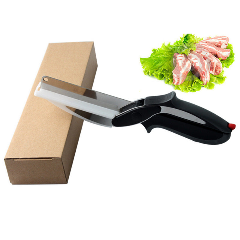 2-in-1 Ingenious Cutter Food Chopper &amp; Scissor for Kitchen Versatile Use - 420 Stainless Steel Blade &amp; Cutting Board Base,  with Safety Lock
