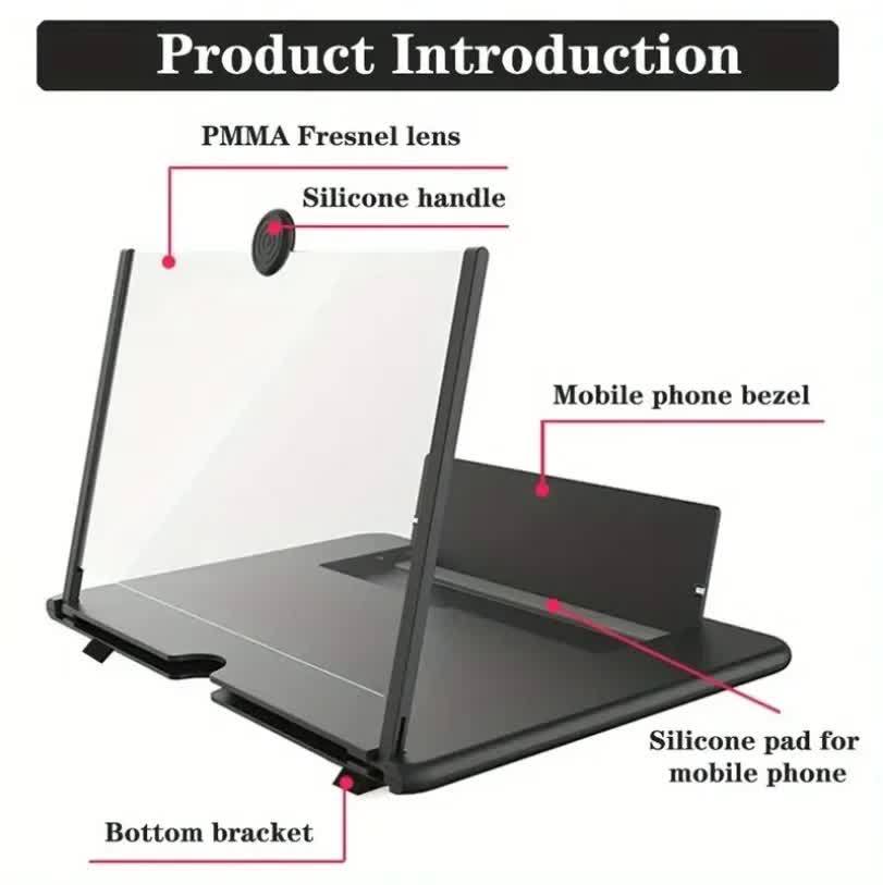 Black 16-Inch Ultra-Clear Portable Retractable HD Mobile Phone Screen Magnifier - Eye Protection Fresnel Lens Projector, with Built-in Phone Holder & Adjustable Base
