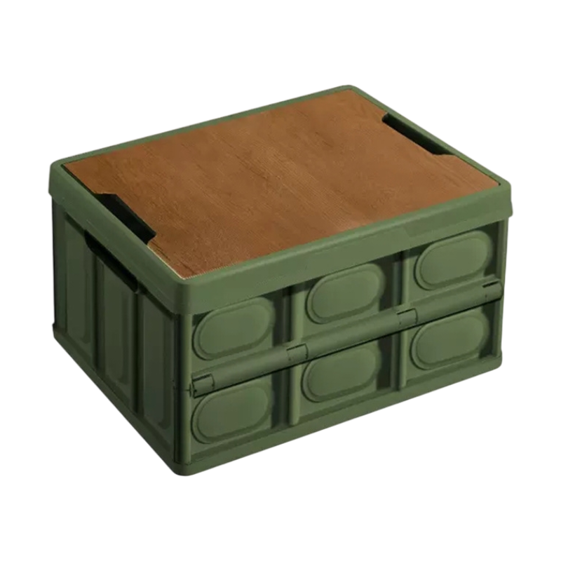 Green Collapsible Medium Standard Storage Box with Wooden Table Top(42x28x23CM) - Car Trunk Organiser for Australian Camping &amp; Home Use