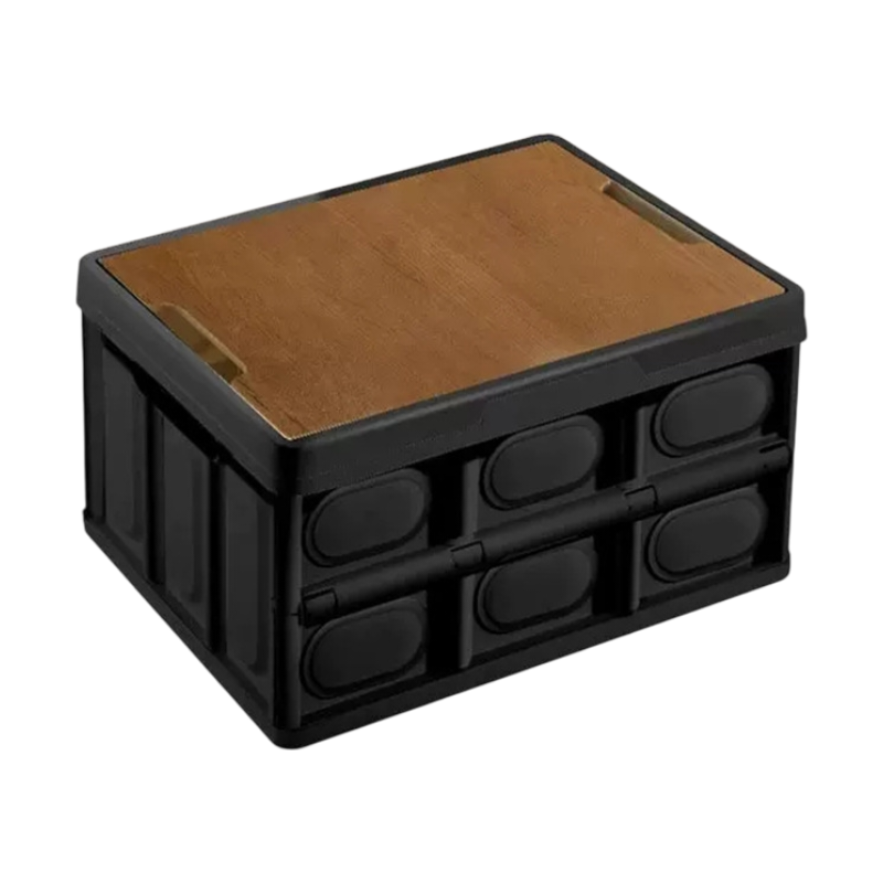 Black Collapsible Medium Standard Storage Box with Wooden Table Top(42x28x23CM) - Car Trunk Organiser for Australian Camping &amp; Home Use