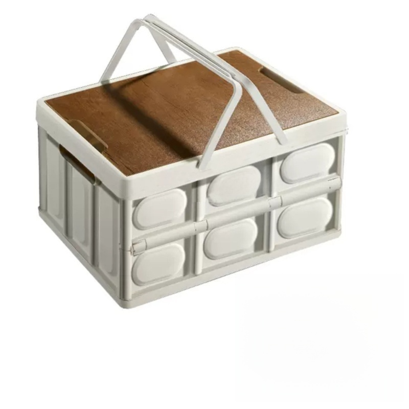 White Collapsible Medium Handle Storage Box with Wooden Table Top(42x28x23CM) - Car Trunk Organiser for Australian Camping &amp; Home Use
