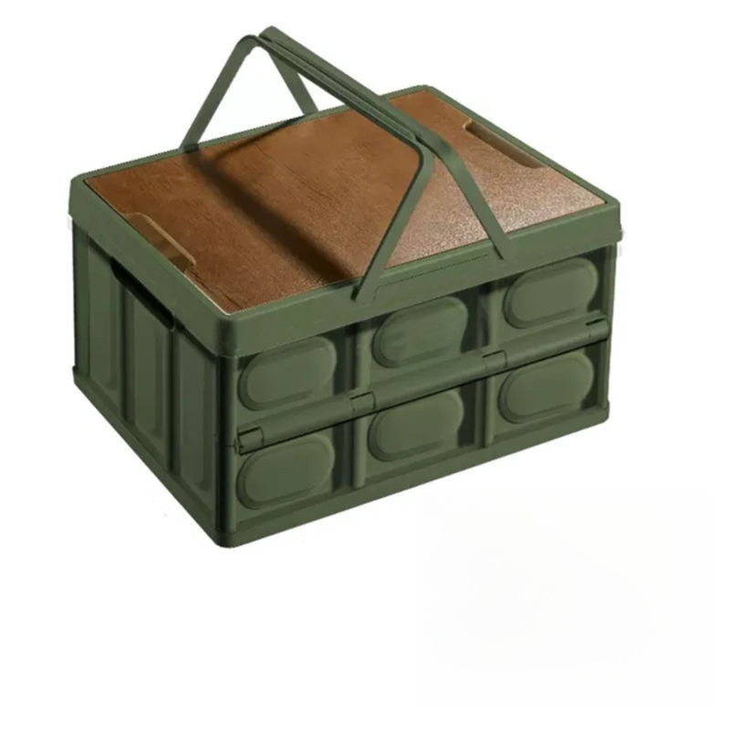 Green Collapsible Medium Handle Storage Box with Wooden Table Top(42x28x23CM) - Car Trunk Organiser for Australian Camping &amp; Home Use