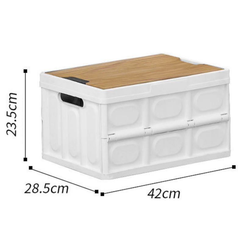 Green Collapsible Medium Handle Storage Box with Wooden Table Top(42x28x23CM) - Car Trunk Organiser for Australian Camping & Home Use