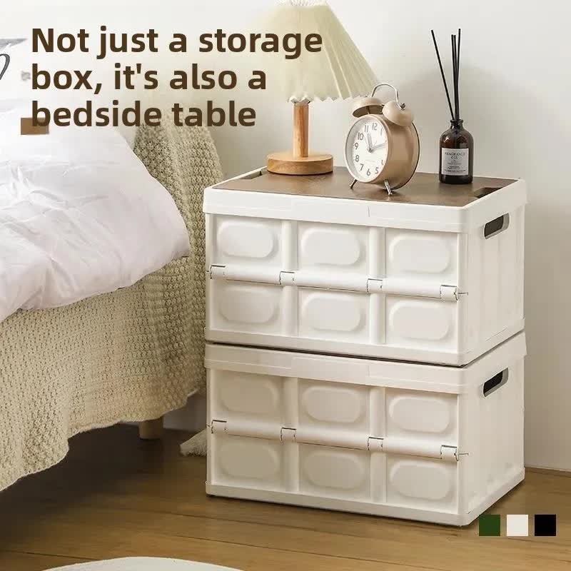White Collapsible Medium Side-Open Handle Storage Box with Wooden Table Top(42x28x23CM) - Car Trunk Organiser for Australian Camping & Home Use