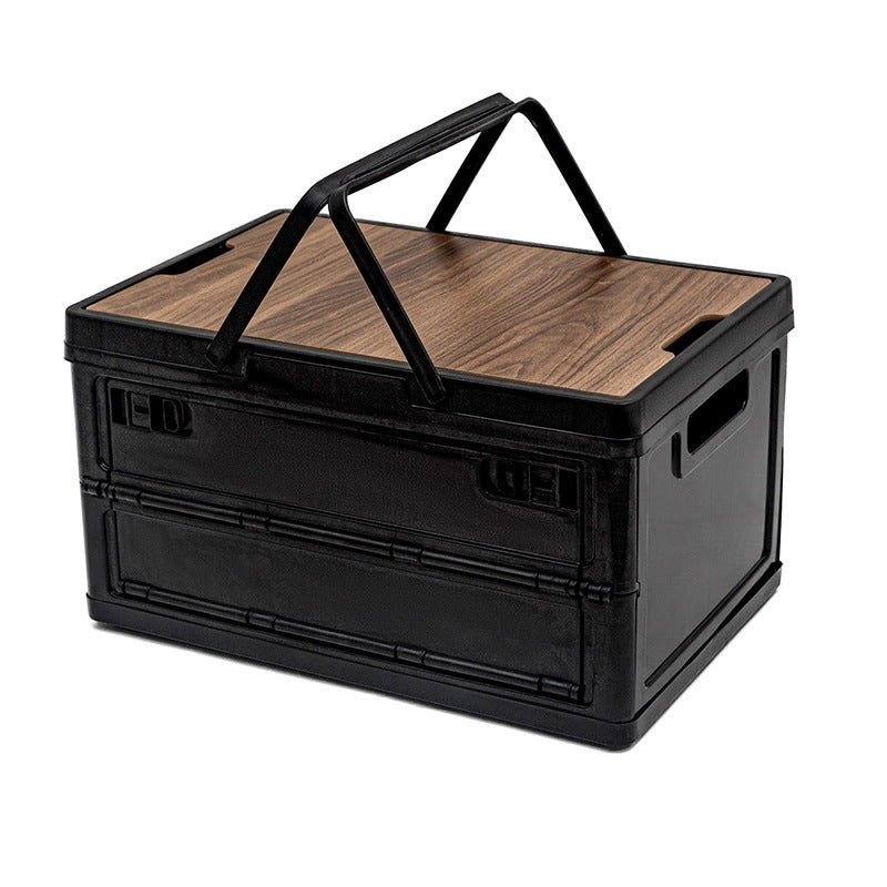 Black Collapsible Medium Side-Open Handle Storage Box with Wooden Table Top(42x28x23CM) - Car Trunk Organiser for Australian Camping &amp; Home Use