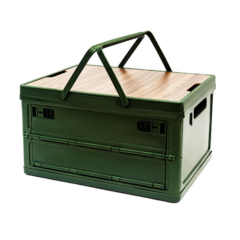 Green Collapsible Medium Side-Open Handle Storage Box with Wooden Table Top(42x28x23CM) - Car Trunk Organiser for Australian Camping &amp; Home Use