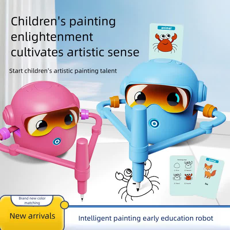 Blue smart Drawing & Learning Robot Toy with 100 Cards - Drawing & Vocabulary Educational Companion for Kids, Quick Card-Insert Recognition