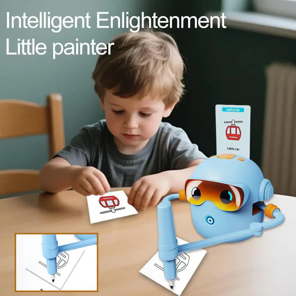 Blue smart Drawing & Learning Robot Toy with 100 Cards - Drawing & Vocabulary Educational Companion for Kids, Quick Card-Insert Recognition
