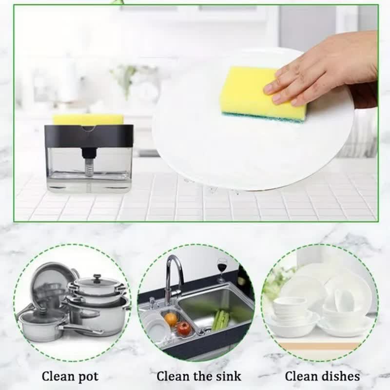 2-Pack Grey Kitchen Press-Type Dish Soap Dispenser & Sponge Caddy - 2-in-1 Automatic Liquid Pump for Dish Scrubbers & Scouring Pads
