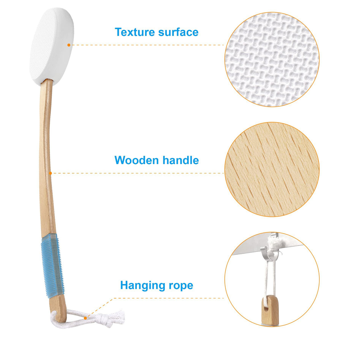 Long Handle Bath Gentle Body Scrubber Set - Non-Slip Grip Back Brush with 4 EVA Exfoliating Sponge Heads