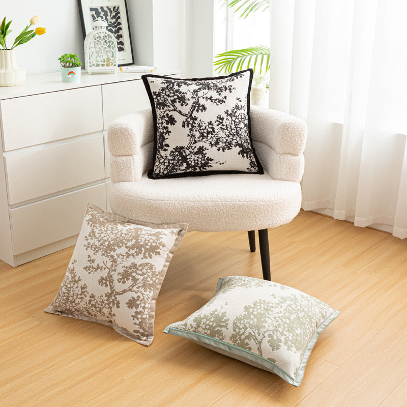 Black Elegant Black & White Tree Print Cushion Cover - Modern Home Decor