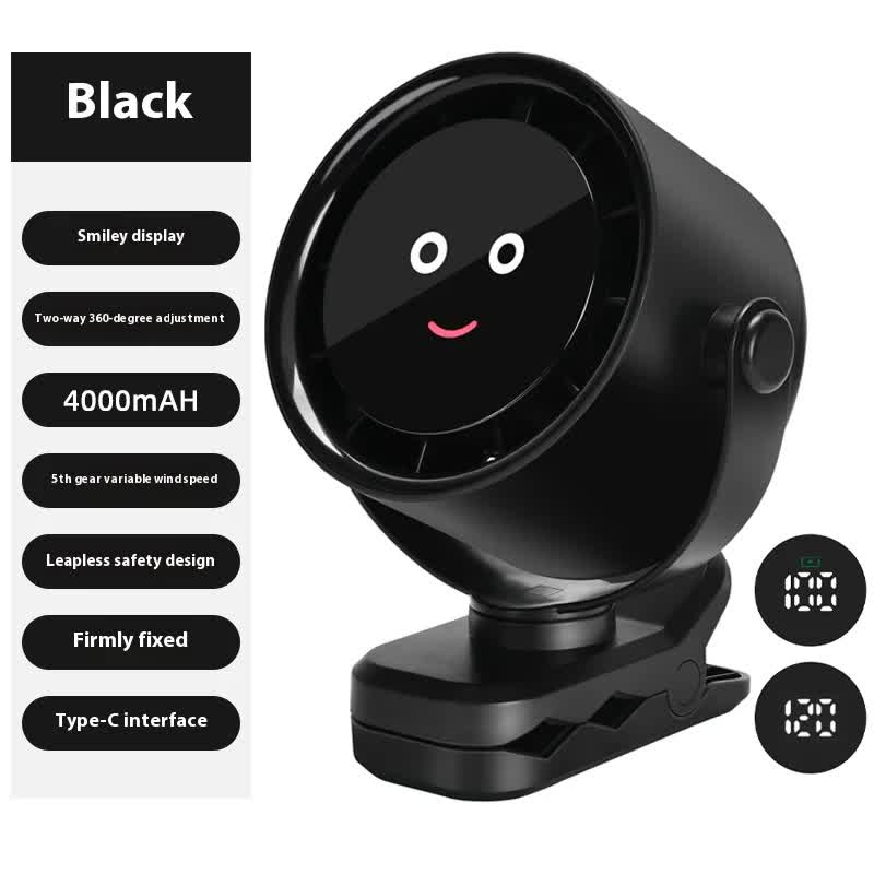 Black Portable Stroller Fan with LED Display - Bladeless Safety Clip-On Fan for Baby &amp; Desk (4000mAh, 360 degree Rotation)