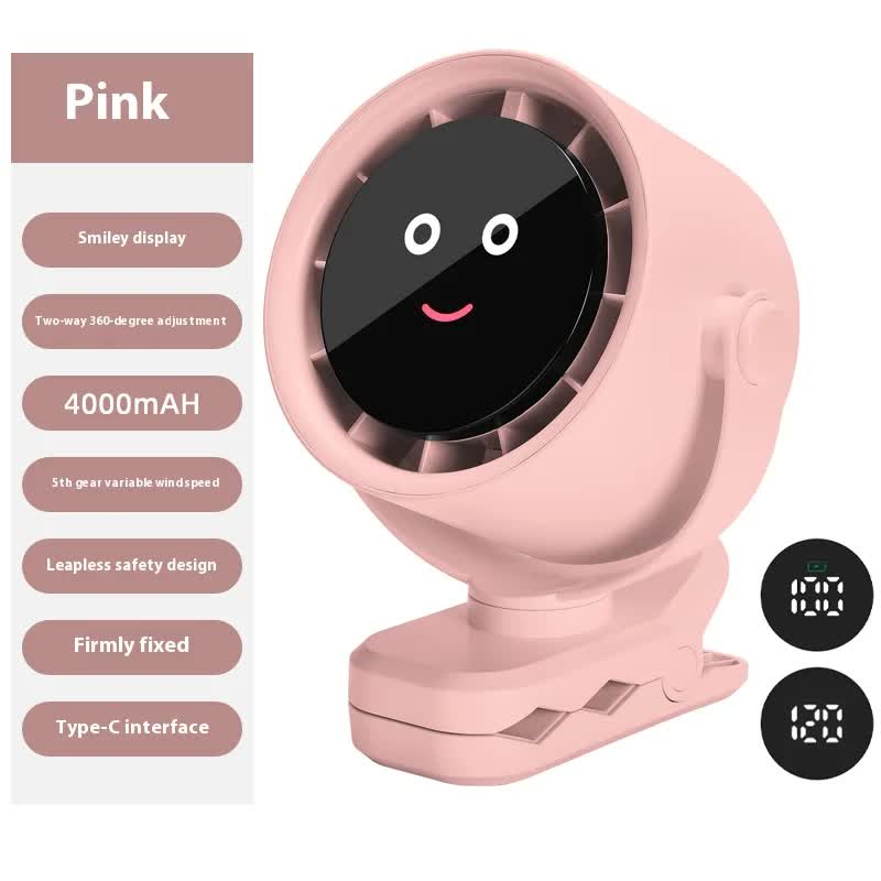 Pink Portable Stroller Fan with LED Display - Bladeless Safety Clip-On Fan for Baby &amp; Desk (4000mAh, 360 degree Rotation)