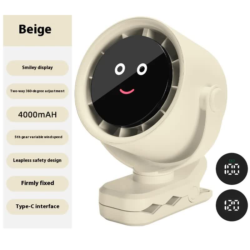 White Portable Stroller Fan with LED Display - Bladeless Safety Clip-On Fan for Baby &amp; Desk (4000mAh, 360 degree Rotation)