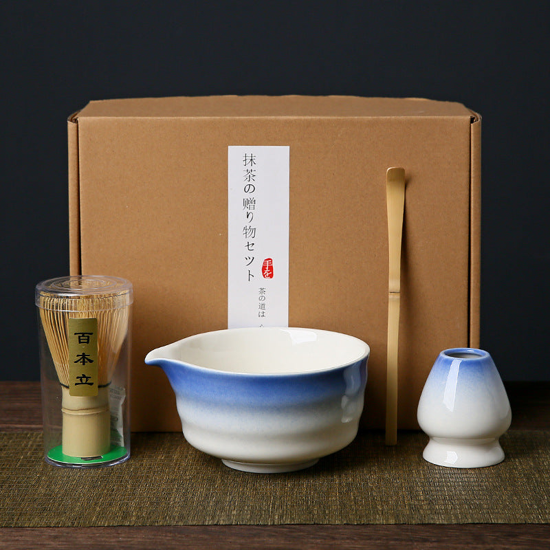 Blue and white Complete Matcha Tea Ceremony Set - 4-Piece Japanese Traditional Whisk, Bowl, Whisk Holder &amp; Scoop for Authentic Preparation at Home